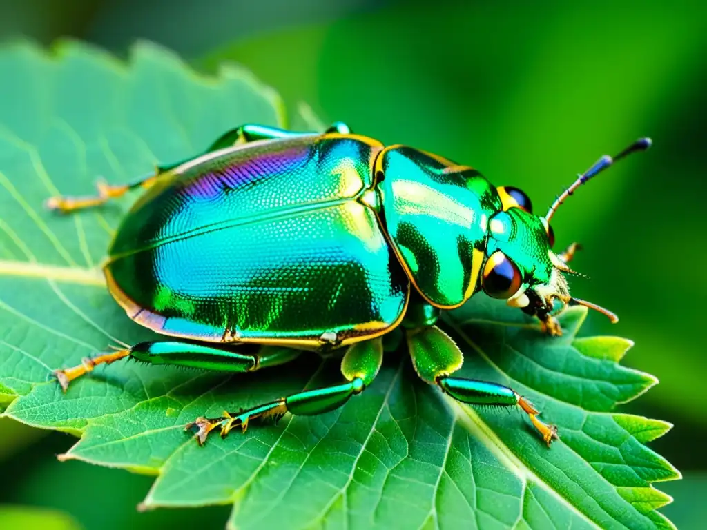 Detalle asombroso de un escarabajo verde metálico en una hoja, resaltando la importancia de la filogeografía de escarabajos