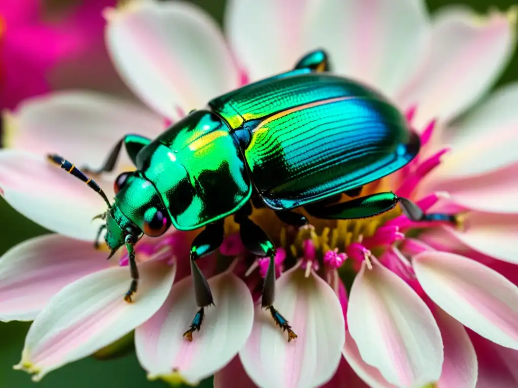 Detalle asombroso de un escarabajo verde iridiscente sobre una flor rosa, con alas traslúcidas desplegadas