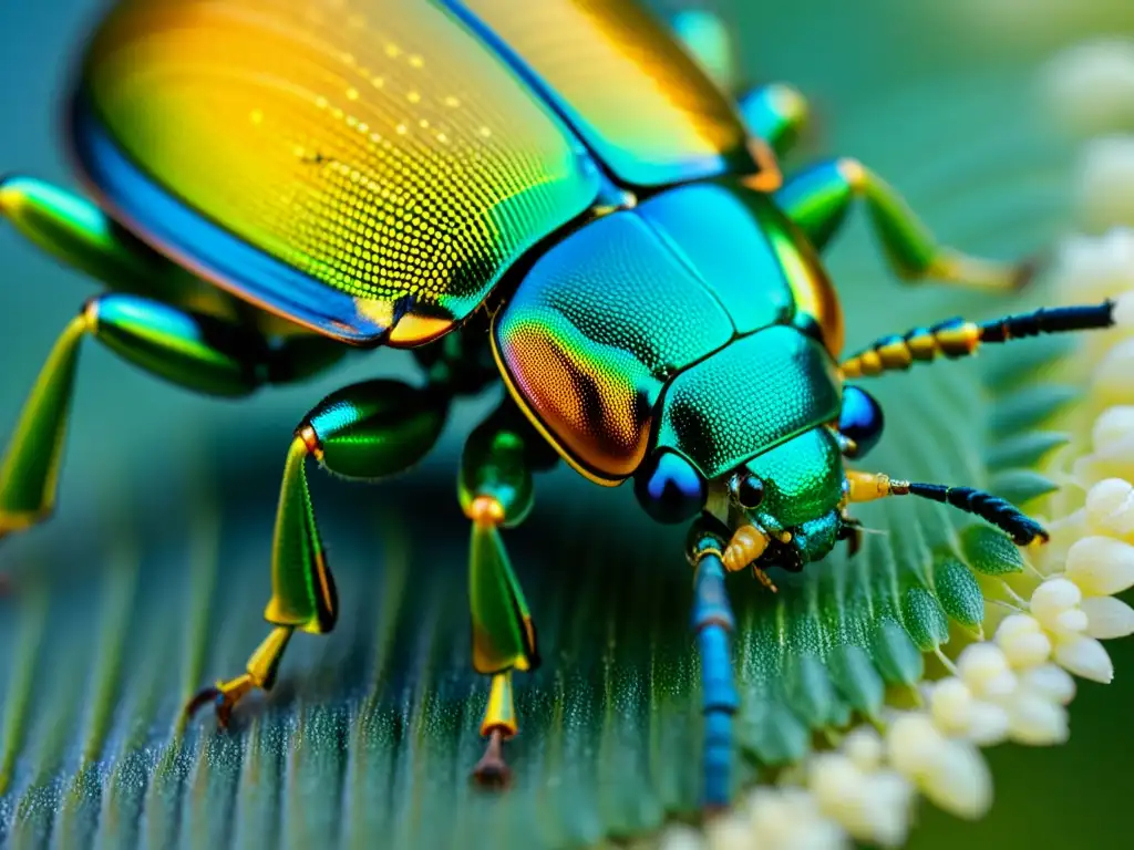 Detalle asombroso del exoesqueleto de un escarabajo, con patrones y texturas intrincados bajo una suave luz