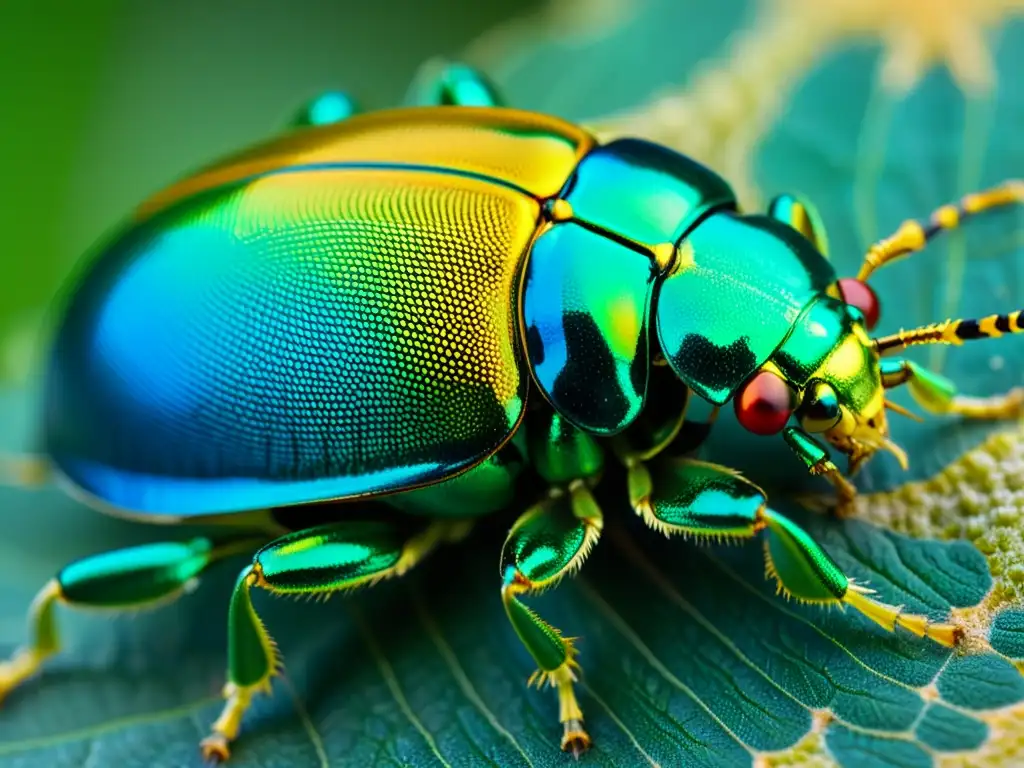 Detalle asombroso del exoesqueleto iridiscente de un escarabajo, mostrando sus patrones y texturas