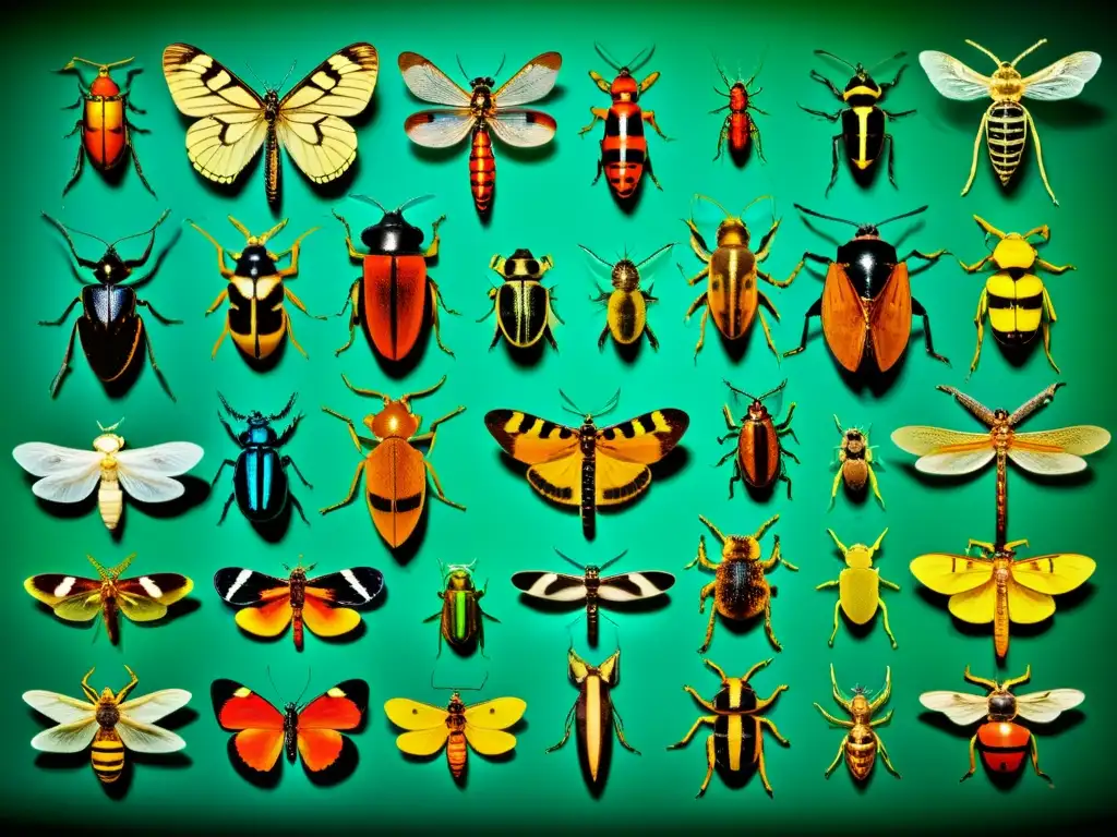 Detalle asombroso de familias de insectos menos conocidas en su hábitat natural, con exoesqueletos y alas detallados en colores vibrantes y texturas