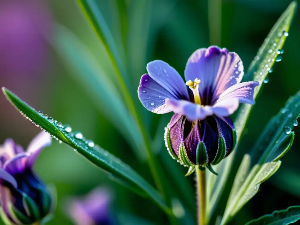 Detalle asombroso de la flor de lavanda púrpura con gotas de rocío