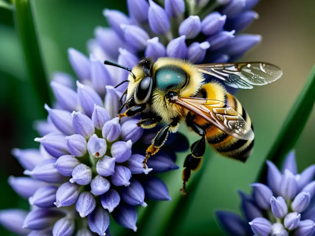 Detalle asombroso de flores de lavanda fresca con rocío y una abeja recolectando néctar