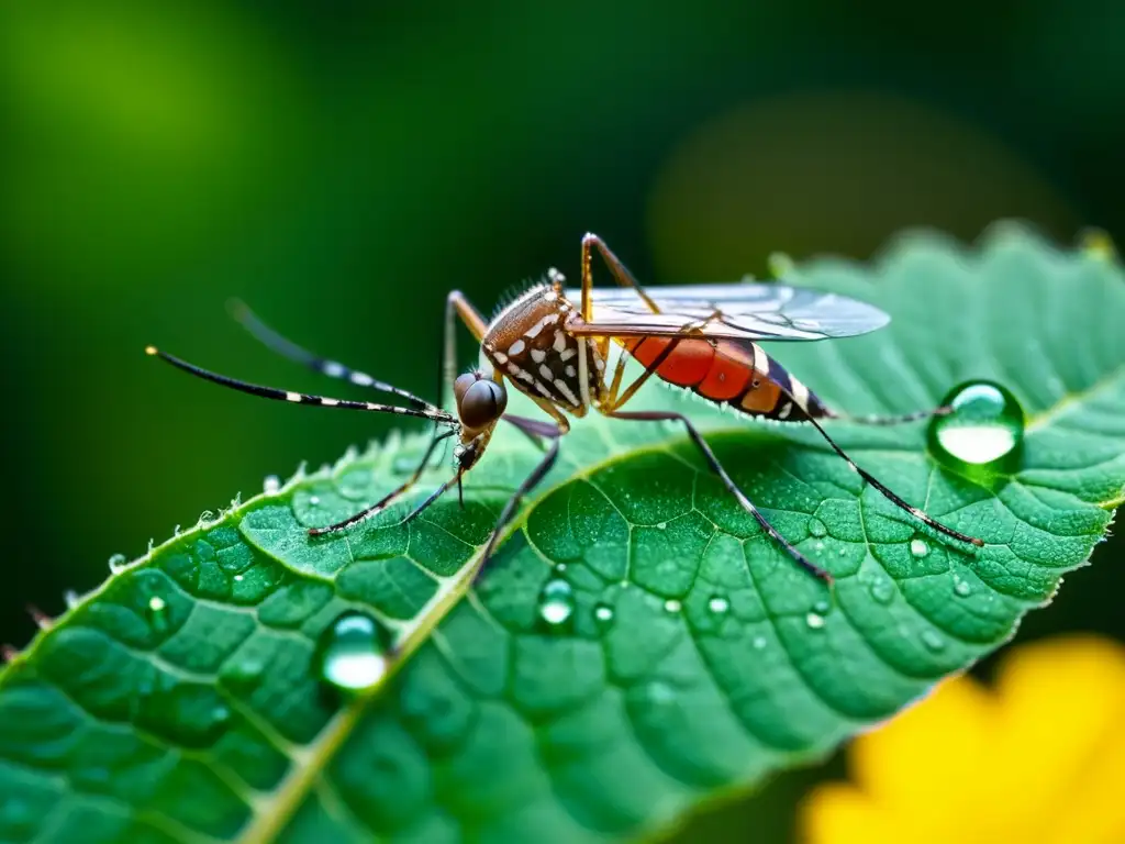 Detalle asombroso de gota de agua en antena de mosquito, con entorno y detección de humedad en insectos en primer plano