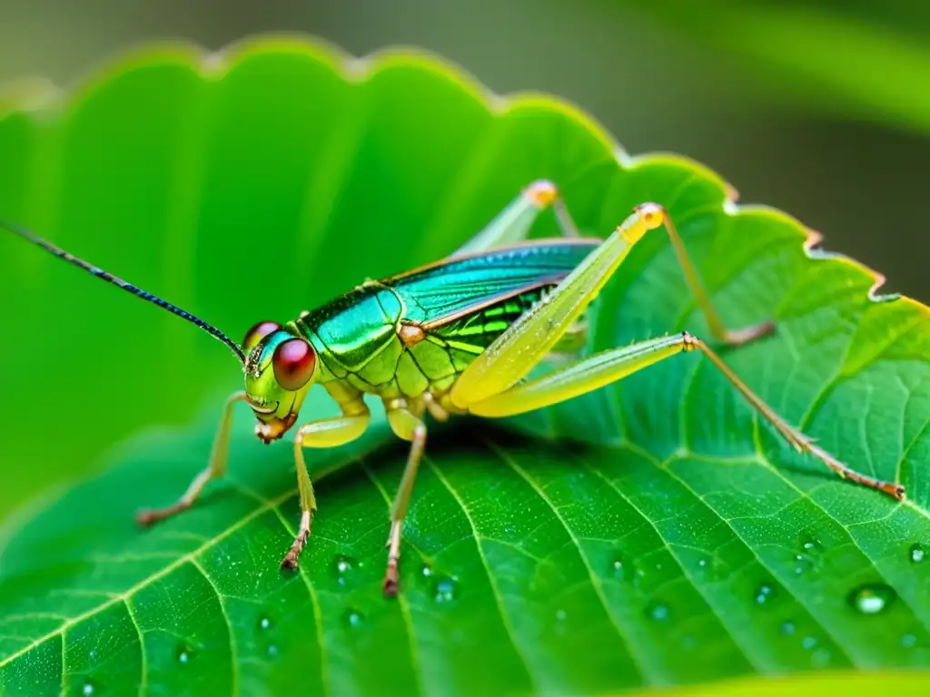 Detalle asombroso de un grillo verde sobre una hoja, resaltando la belleza de los insectos en suplementos de insectos hábitos saludables