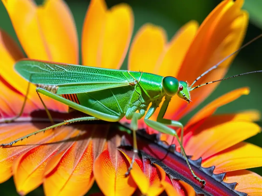 Detalle asombroso de un grillo verde brillante en una flor naranja