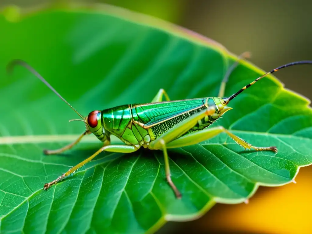 Detalle asombroso de un grillo verde sobre una hoja, revelando la belleza y complejidad de la vida insecto