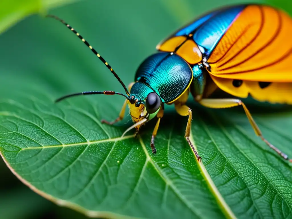 Detalle asombroso de una hembra insecto depositando huevos en una hoja, resaltando estrategias reproductivas insectos