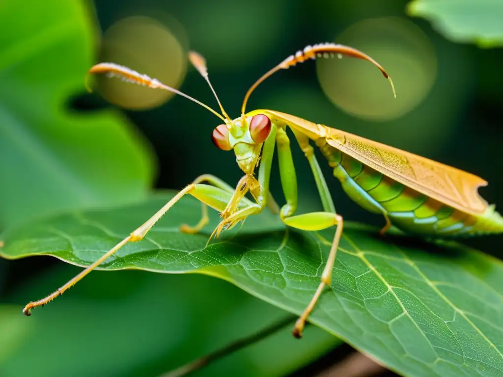 Detalle asombroso de la mantis hoja muerta camuflada en su entorno natural