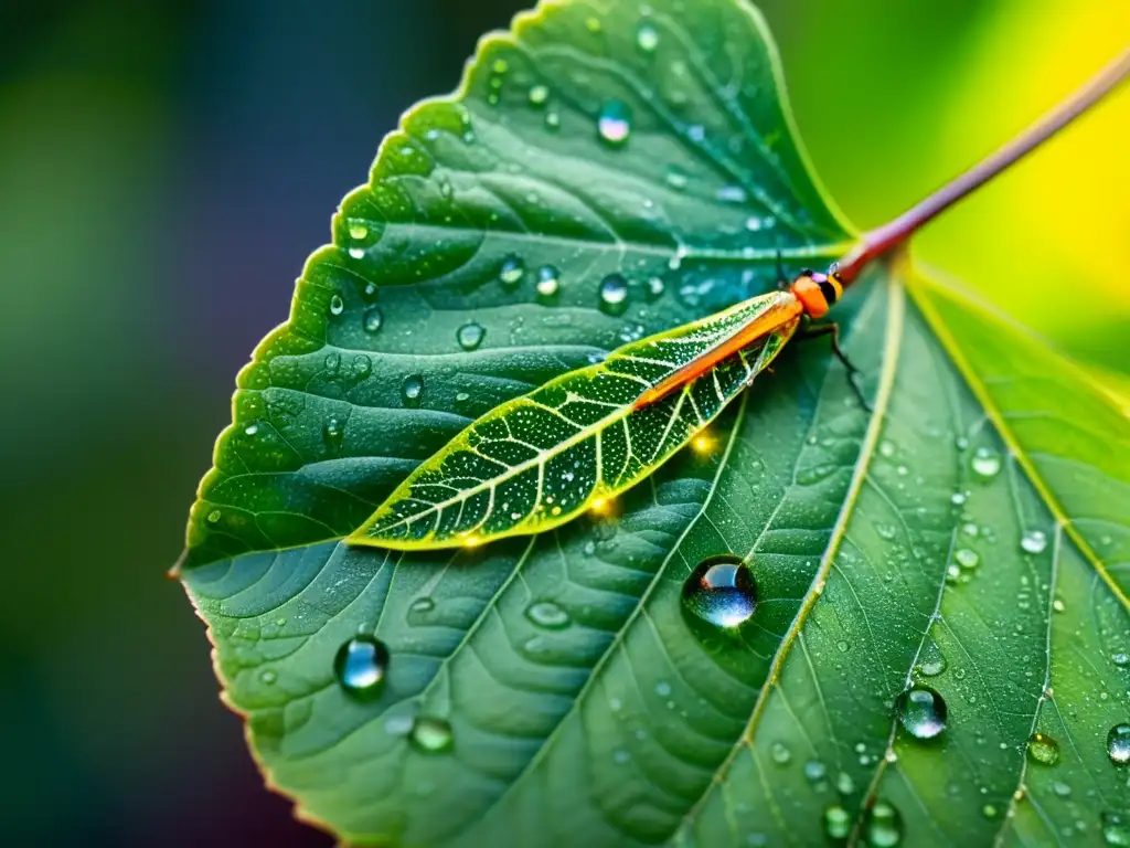 Detalle asombroso de una hoja verde con gotas de agua y un insecto