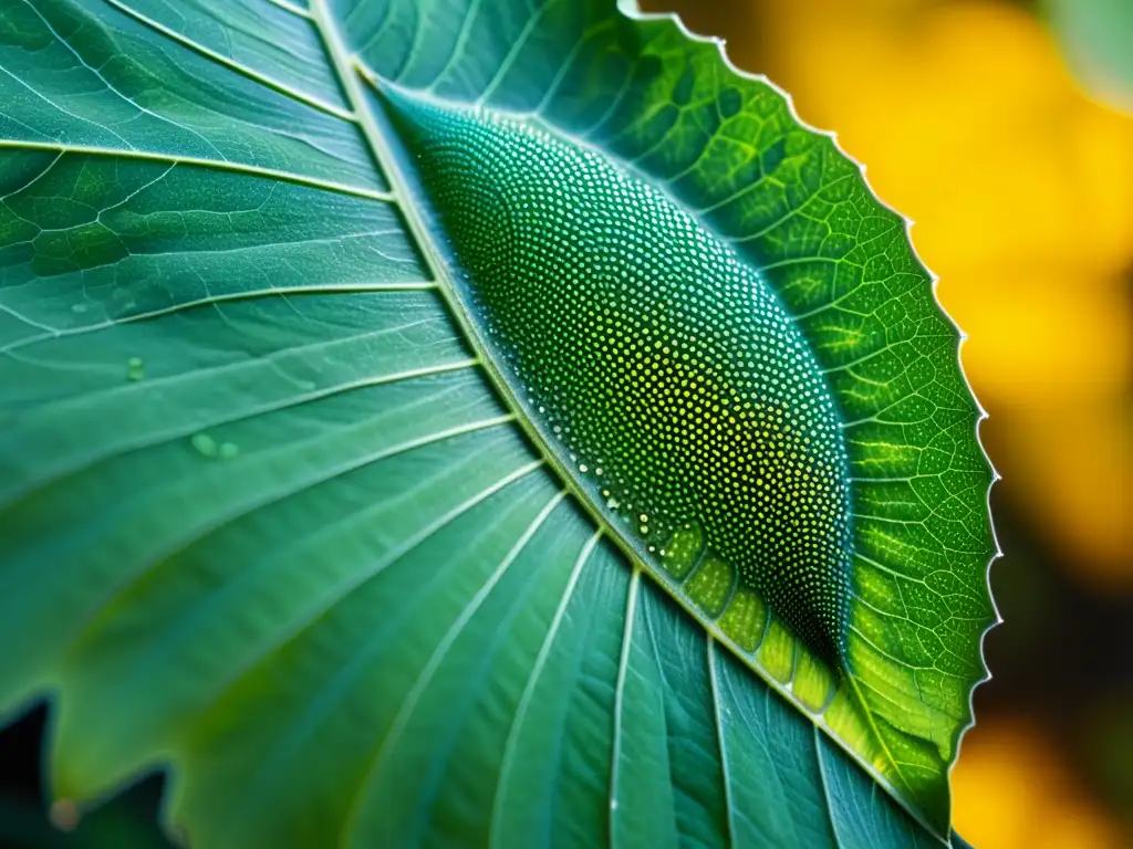 Detalle asombroso de hoja verde con huevos de insecto, destacando la importancia de la variabilidad genética en la evolución de los insectos