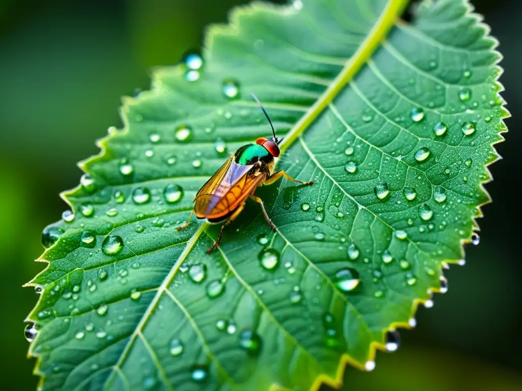 Detalle asombroso de hoja verde con gotas de agua y un insecto, para la mejor observación de insectos con binoculares