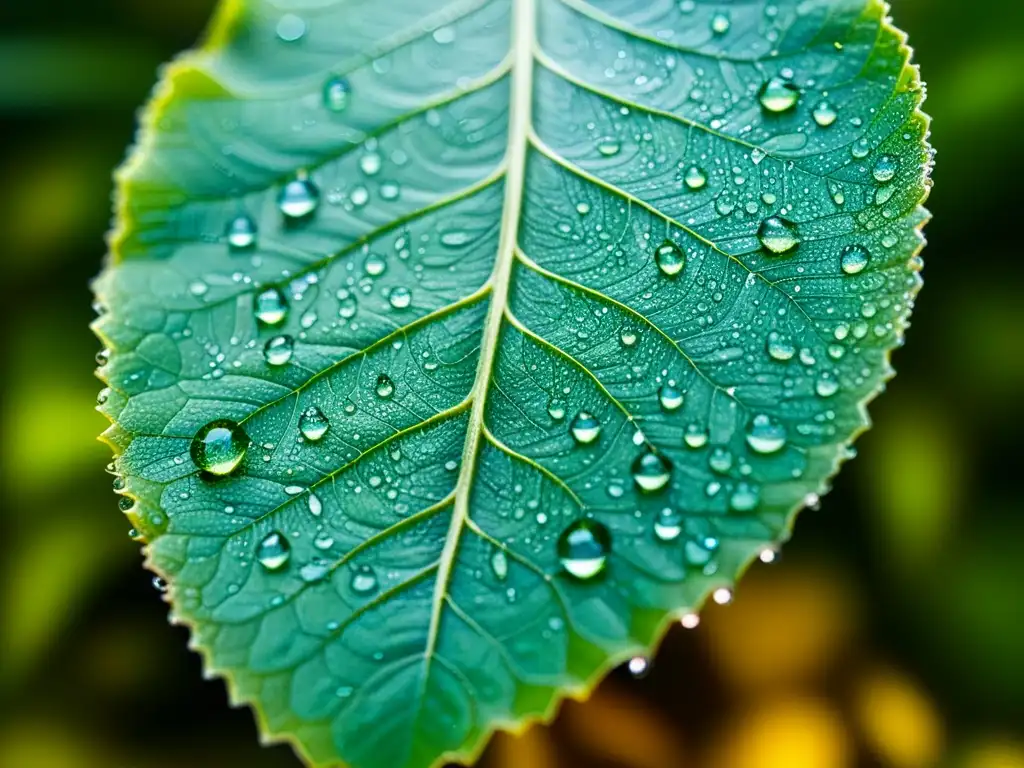 Detalle asombroso de una hoja verde con gotas de agua, reflejando la luz del sol y revelando insectos