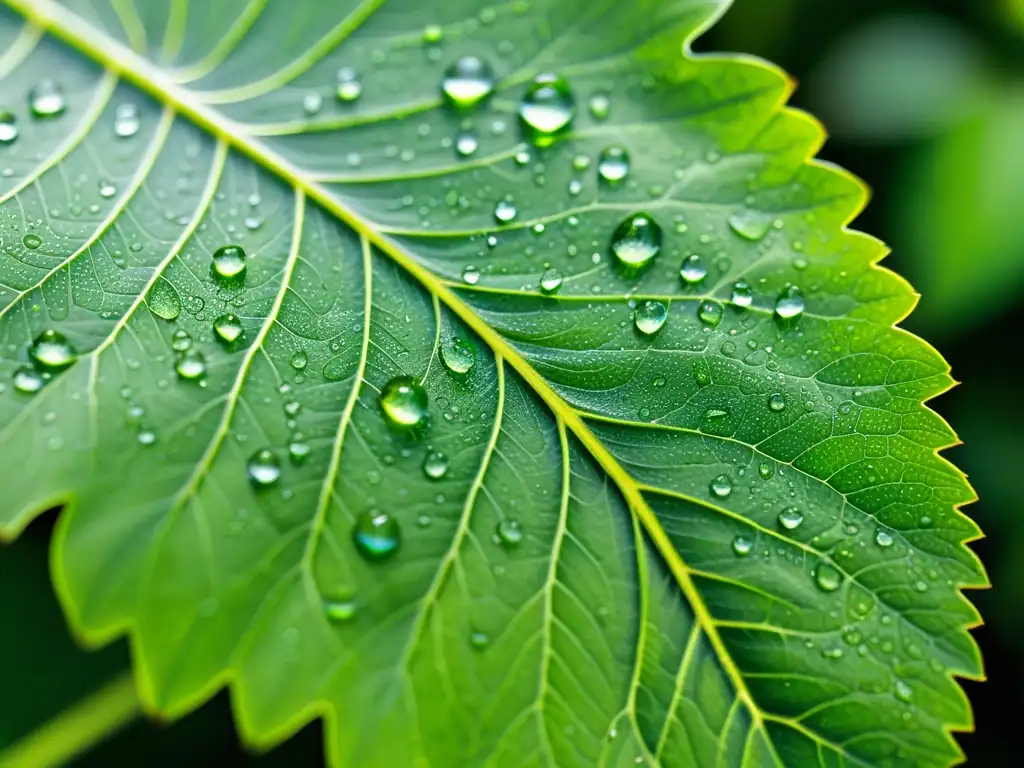 Detalle asombroso de una hoja verde con gotas de agua, capturando la belleza natural