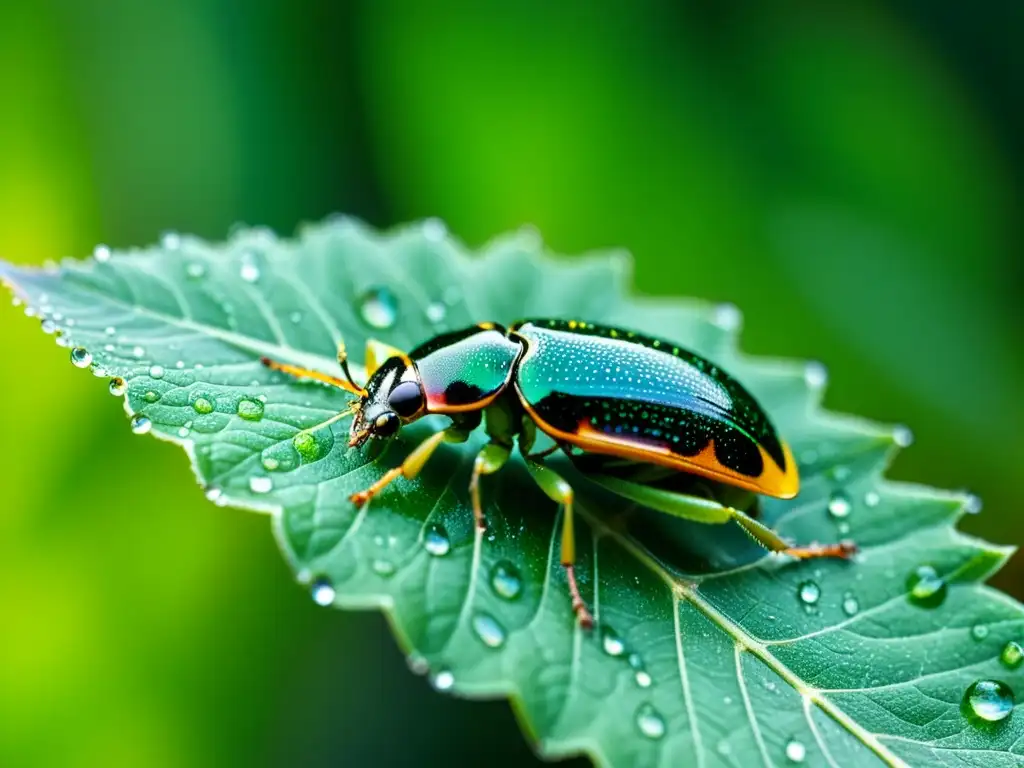 Detalle asombroso de una hoja verde con gotas de agua y un diminuto insecto iridiscente