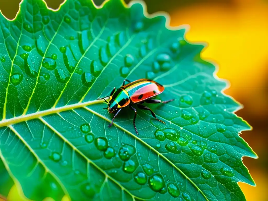 Detalle asombroso de hoja verde con insectos iridiscentes