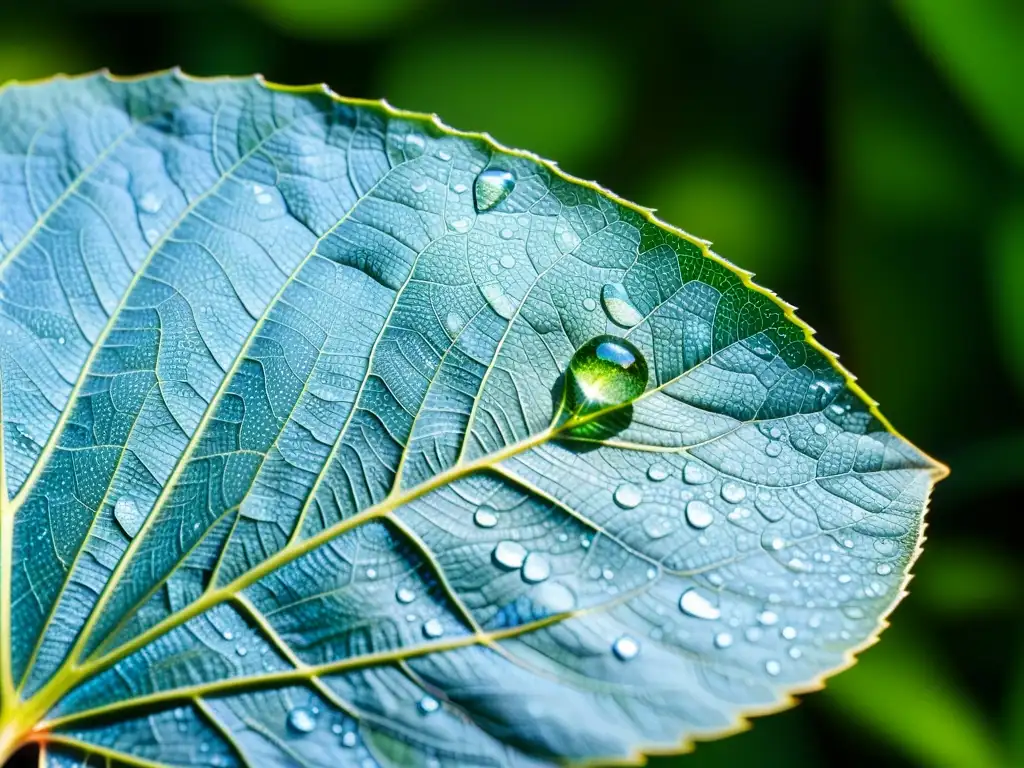 Detalle asombroso de una hoja verde con gotas de agua y una mariposa azul iridiscente