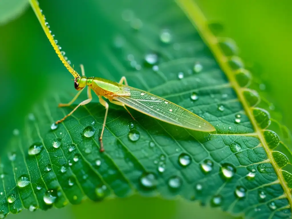 Detalle asombroso de una hoja verde con vida insectil