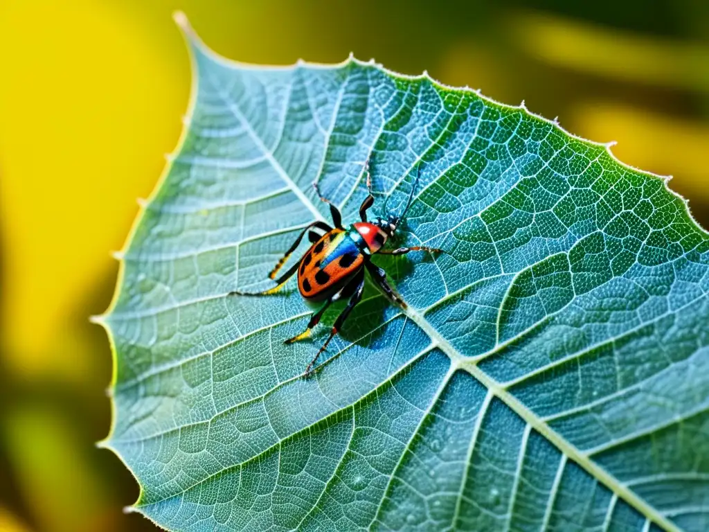 Detalle asombroso de hoja verde con telarañas y escarabajos, resaltando la importancia de los insectos en ecosistemas