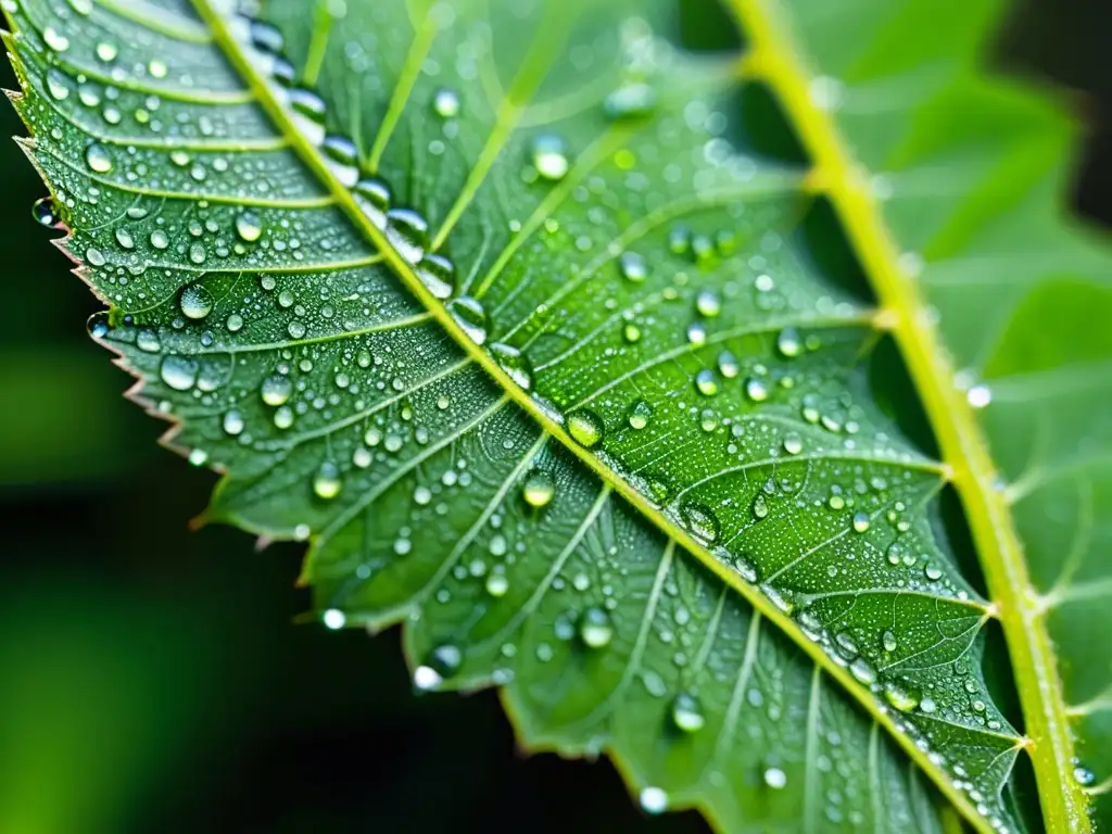 Detalle asombroso de una hoja verde con rocío, resaltando la importancia de los insectos en ecosistemas