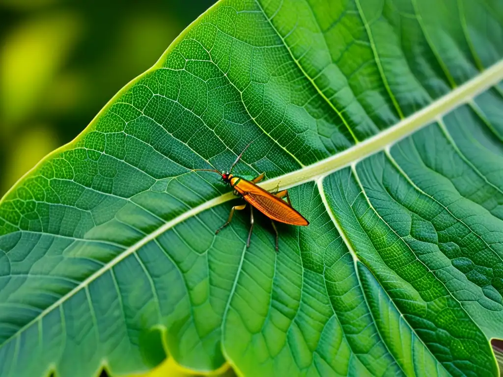 Detalle asombroso de hoja verde con insecto camuflado