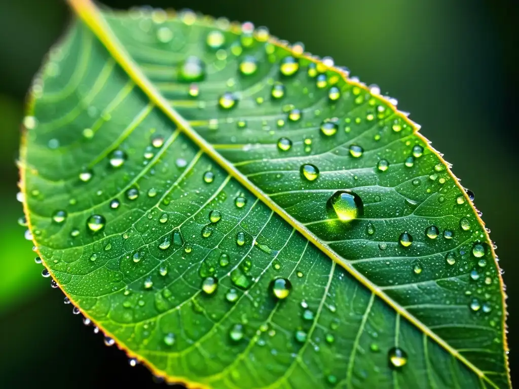 Detalle asombroso de una hoja verde vibrante con gotas de agua, reflejando colores