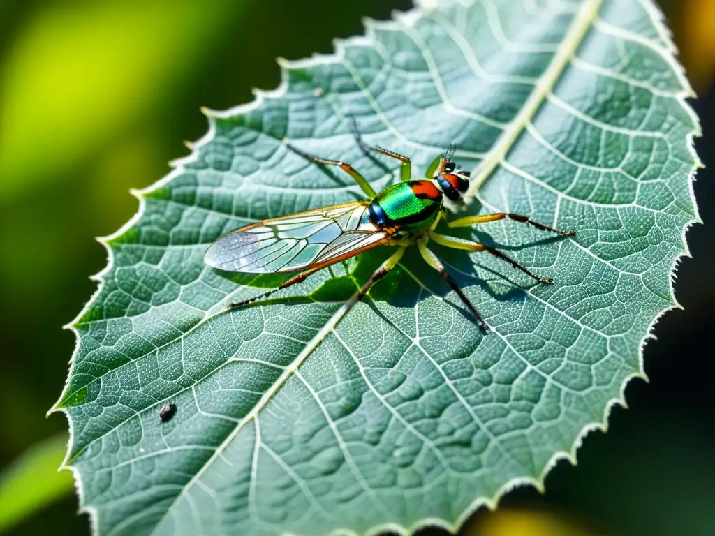 Detalle asombroso de hoja verde cubierta de telarañas con insectos