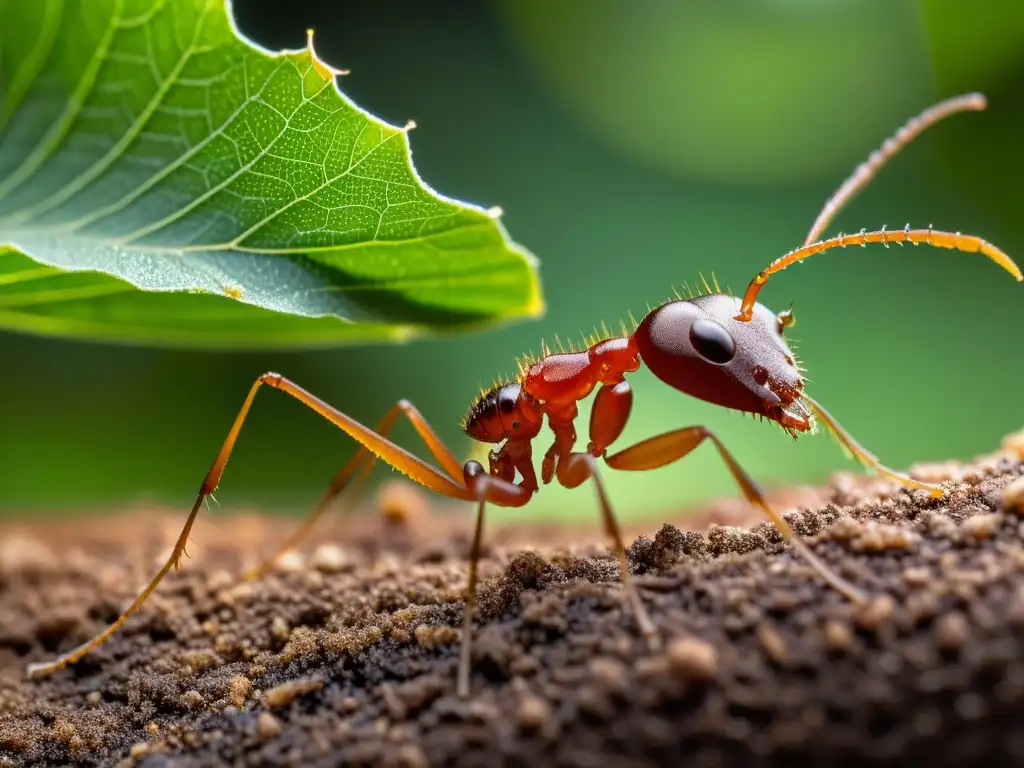 Detalle asombroso de hormiga cortadora de hojas, evolución estructuras nidificación insectos, en hoja y su entorno boscoso