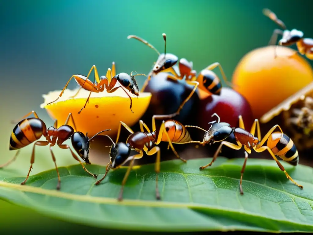 Detalle asombroso de hormigas transportando y procesando alimentos, creando una escena macro fascinante