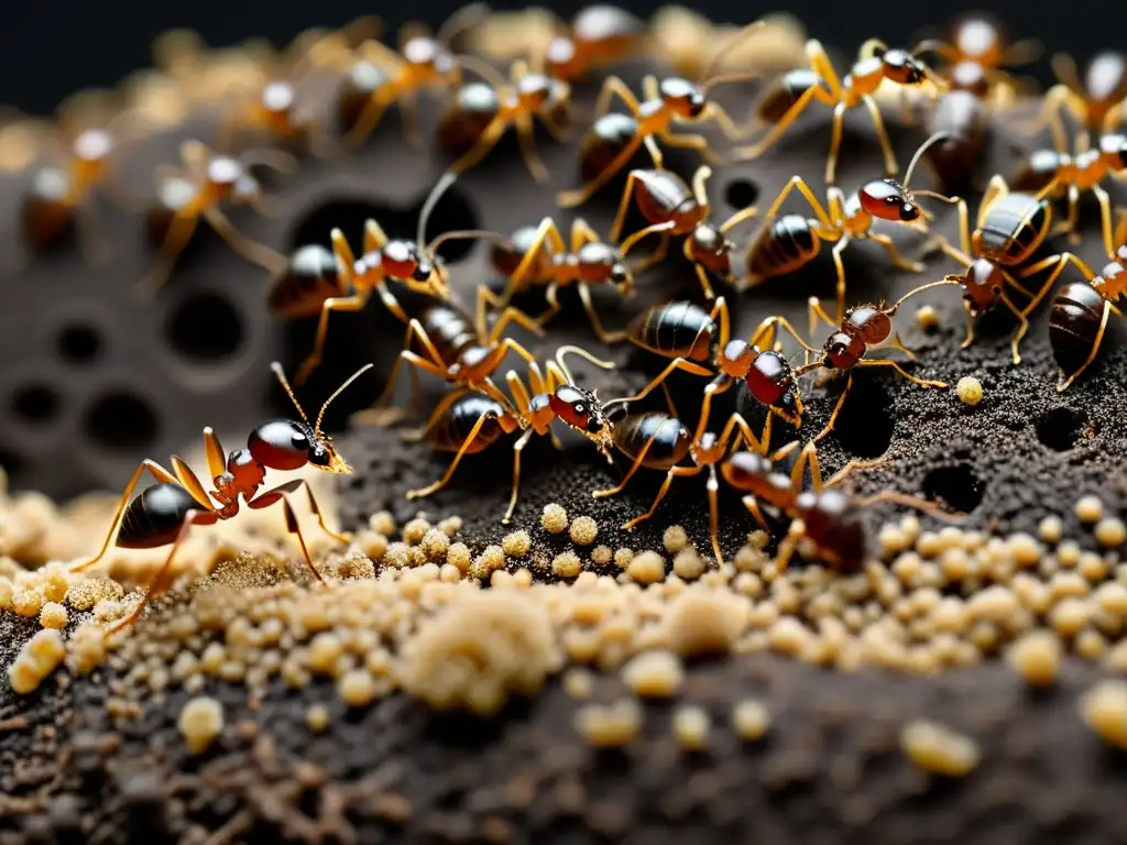 Detalle asombroso de hormigas construyendo una red de túneles y cámaras en la tierra, demostrando la arquitectura de hormigueros en ecosistemas