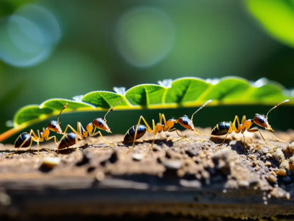 Detalle asombroso de hormigas trabajadoras en el bosque