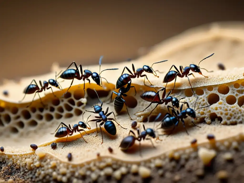 Detalle asombroso de hormigas construyendo su hábitat subterráneo