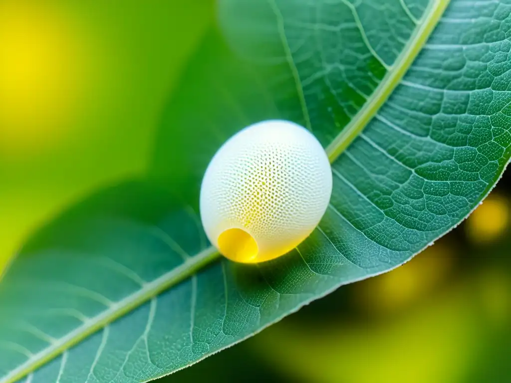 Detalle asombroso de un huevo de insecto en una hoja verde, con un embrión visible