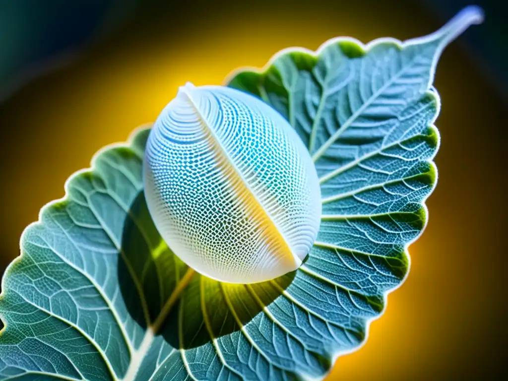 Detalle asombroso de un huevo de mariposa en una hoja, con texturas y luz increíbles