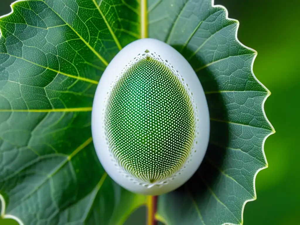 Detalle asombroso de un huevo de mariposa en una hoja verde, con patrones e texturas intrincados