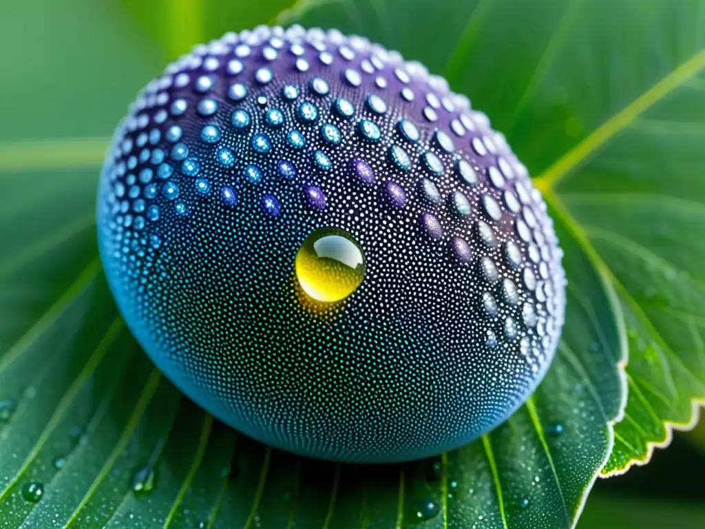 Detalle asombroso de un huevo de mariposa en una hoja verde con gotas de rocío, mostrando un ecosistema delicado