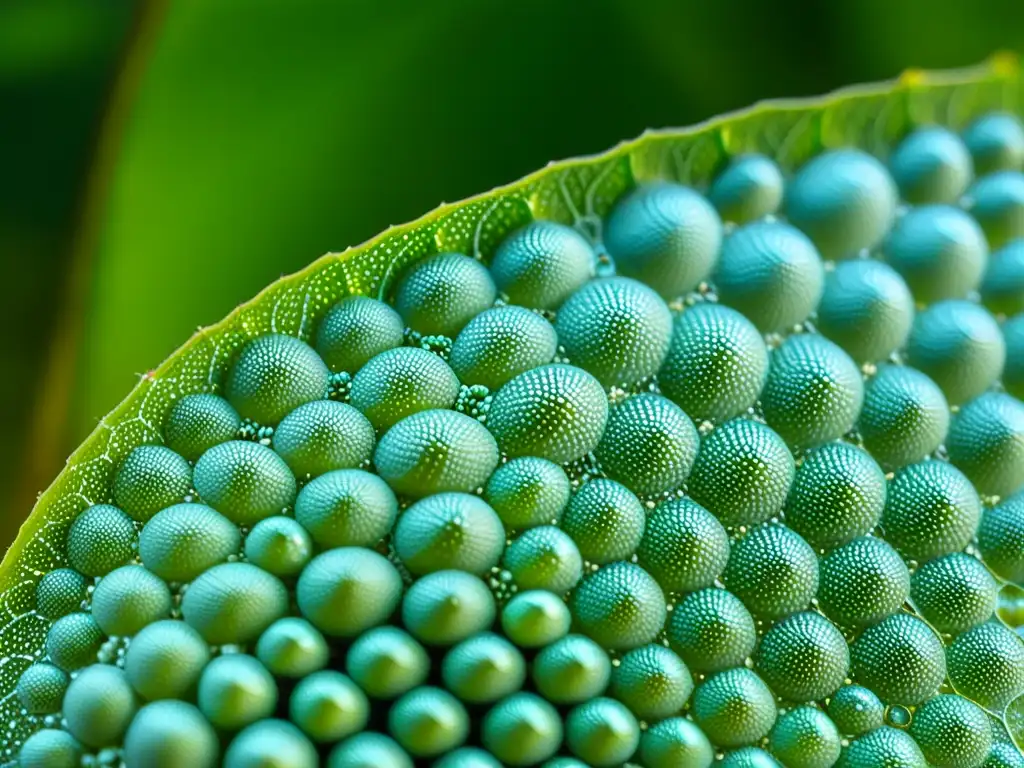 Detalle asombroso de huevos de insecto en una hoja verde, resaltando la importancia de los insectos como bioindicadores en la naturaleza