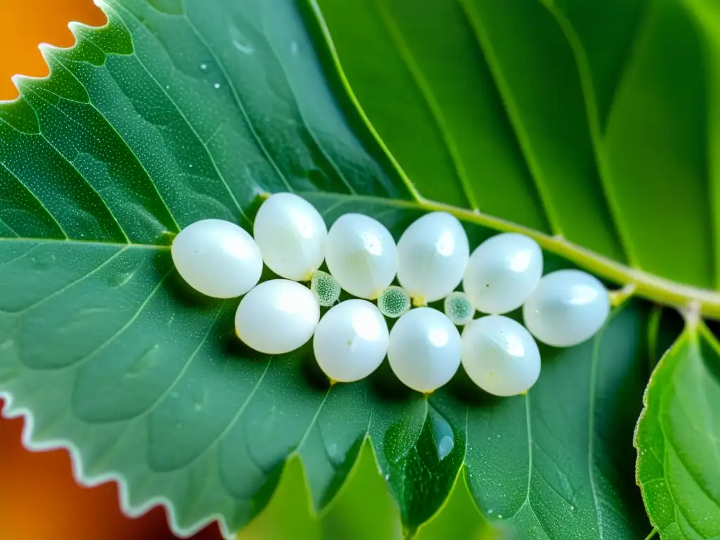 Detalle asombroso de huevos de mosca blanca en hoja verde, mostrando su ciclo de vida