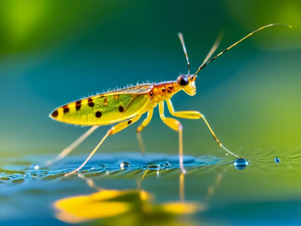 Detalle asombroso de un insecto acuático en un arroyo, con patas creando ondas en el agua