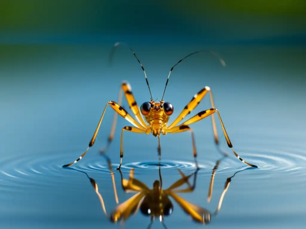 Detalle asombroso de un insecto acuático sobre el agua, resaltando la importancia de los insectos acuáticos en su entorno natural