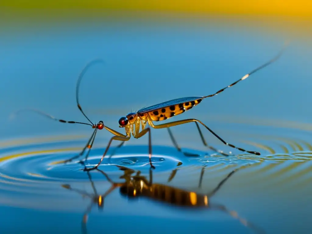 Detalle asombroso de un insecto acuático sobre tensión superficial, reflejando la transición evolutiva insectos acuáticos en un estanque soleado