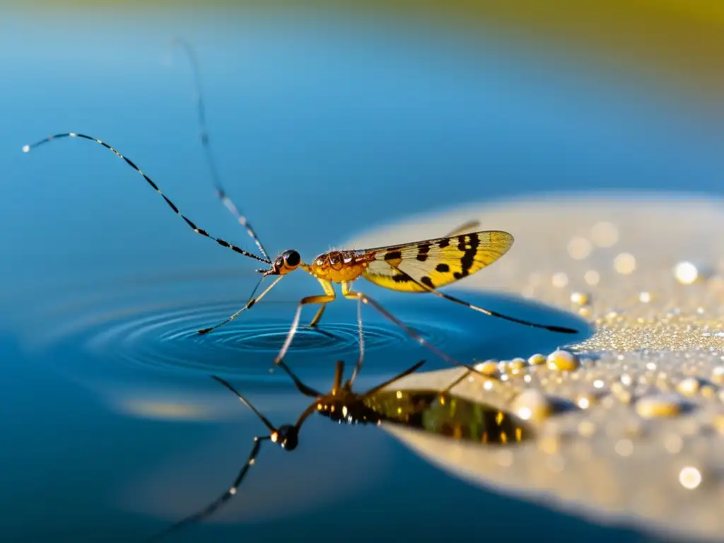 Detalle asombroso de un insecto acuático en un río tranquilo, mostrando su belleza y el ecosistema del agua