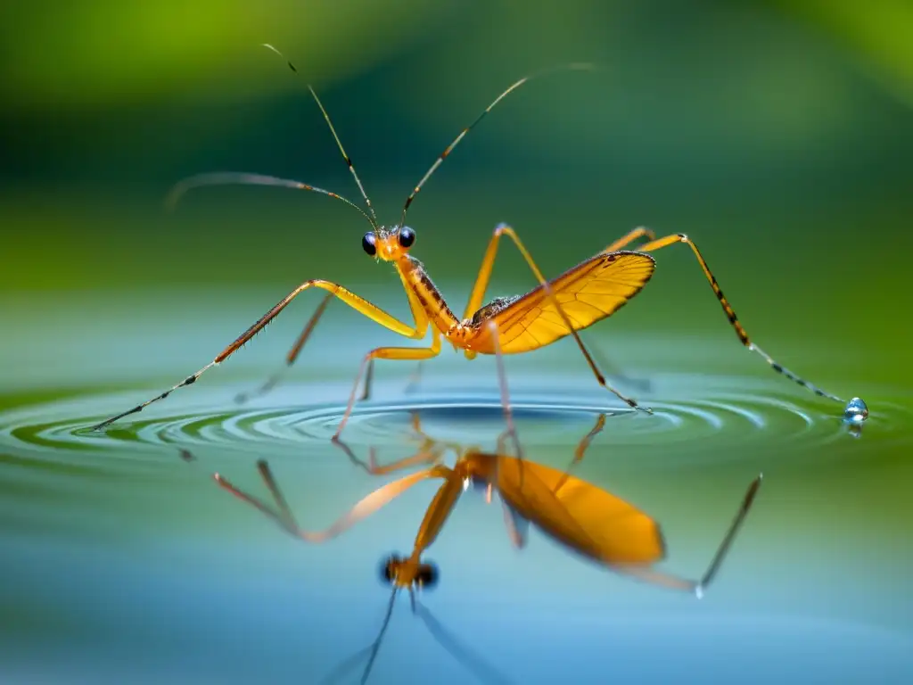 Detalle asombroso de un insecto acuático en la superficie brillante de un estanque tranquilo