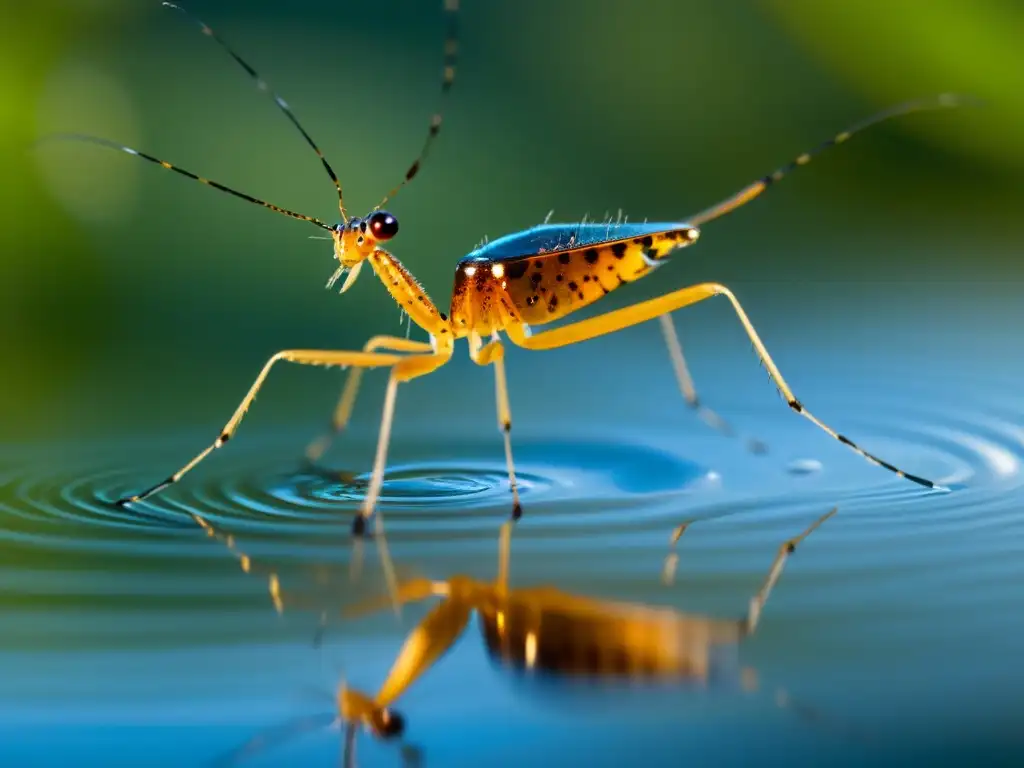 Detalle asombroso de un insecto acuático en un estanque de agua dulce, resaltando su equilibrio en el ecosistema