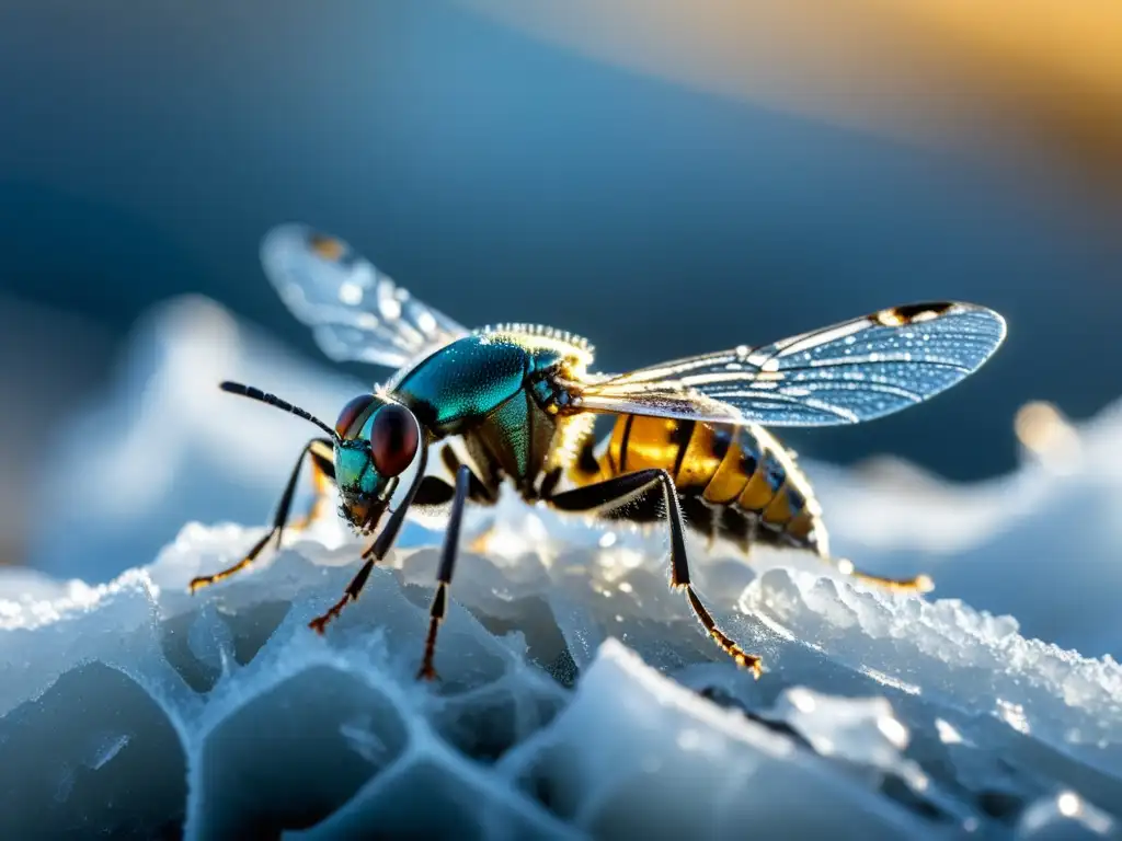 Detalle asombroso de un insecto en diapausa, suspendido en hielo con técnicas de hibernación diapausa insectos