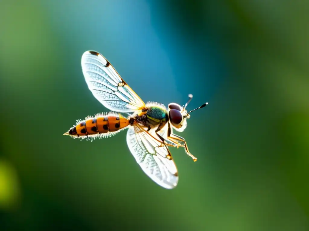 Detalle asombroso de un insecto efímero en vuelo, con desplazamiento ciclo vida efímeras, mostrando patrones y texturas translúcidas en sus alas