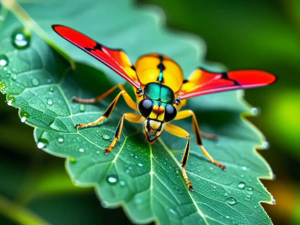 Detalle asombroso de un insecto en una hoja verde, con gotas de rocío brillando en la luz de la mañana