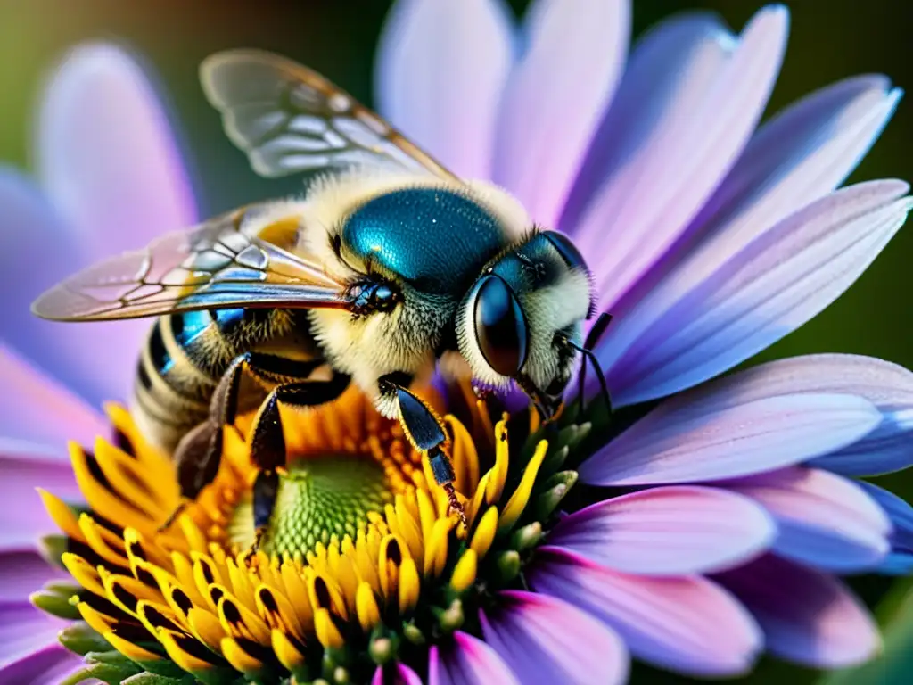 Detalle asombroso de un insecto medicinal en una flor vibrante