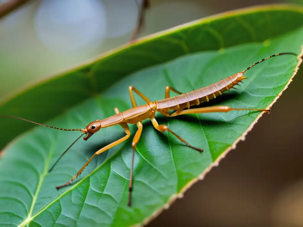 Detalle asombroso de un insecto palo camuflado entre ramas y hojas