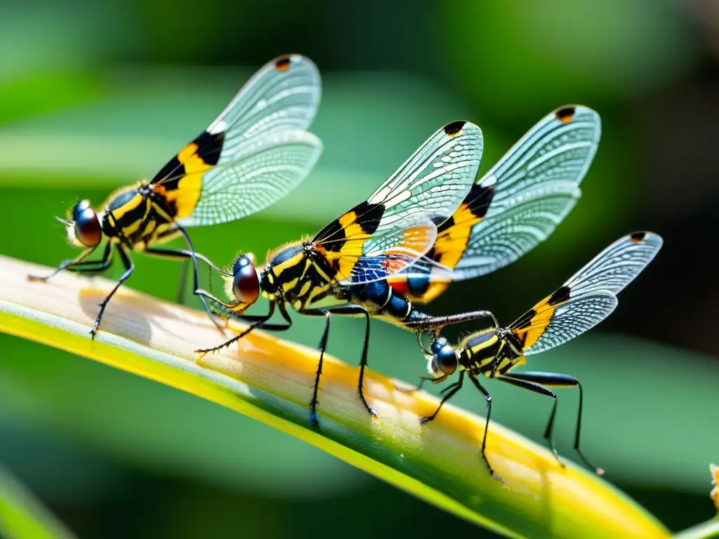 Detalle asombroso de insectos diversos en un tallo de planta, destacando la genética de poblaciones de insectos